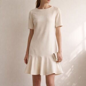 Theory Drop Waist Ruffle Shift Dress Admiral Crepe Ivory Silk Alternative SZ 2
